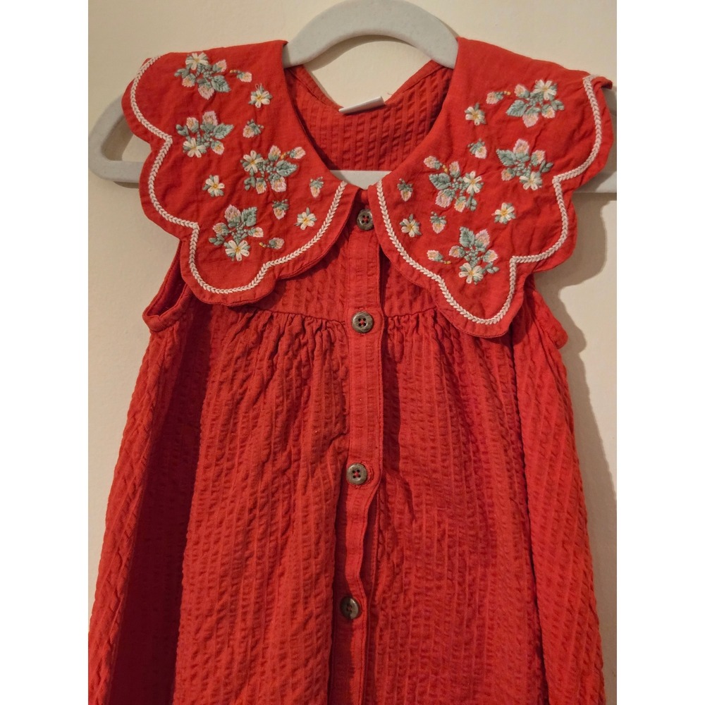 Next Kids Red Seersucker Embroidered Collar Dress 2-3 Years N13-167-383 - Picture 3 of 6